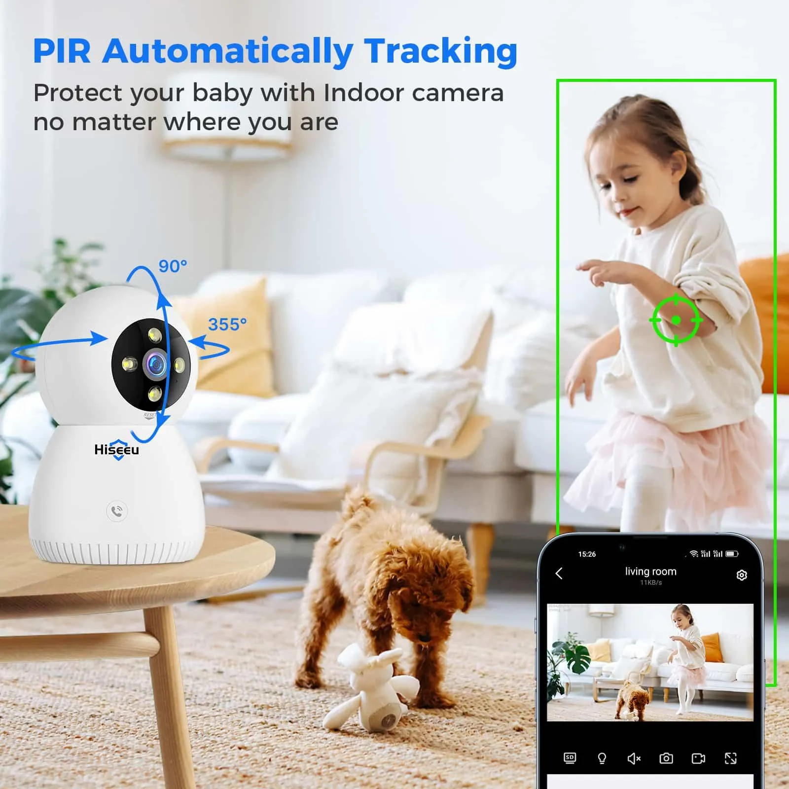 Hiseeu Indoor Security Camera, 2.4G/5G 5MP Baby Monitor Pet Camera for Home Security, PTZ 360°, Auto Tracking, 2 Way Audio, Night Vision, PIR Detection, Local Storage