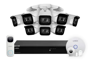 Lorex Fusion 4K (16 Camera Capable) 3TB Wired NVR System with 8 IP Bullet Cameras, One 2K Video Doorbell and Smart Sensor Kit